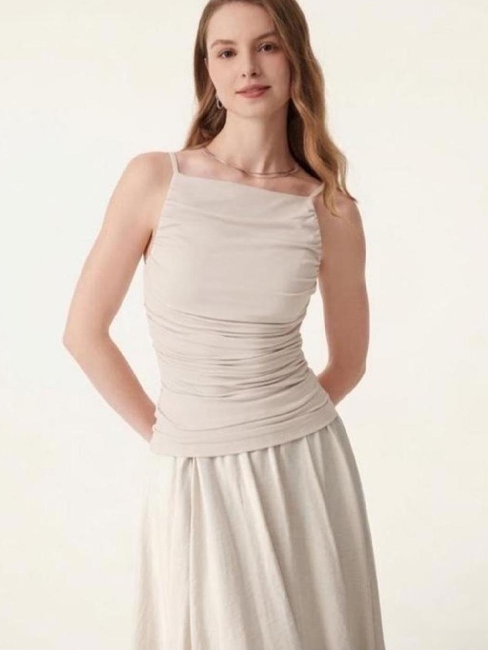 OGL Beige Straight Neck Ruched Brami Tank Size Large